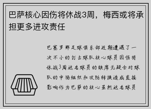 巴萨核心因伤将休战3周，梅西或将承担更多进攻责任
